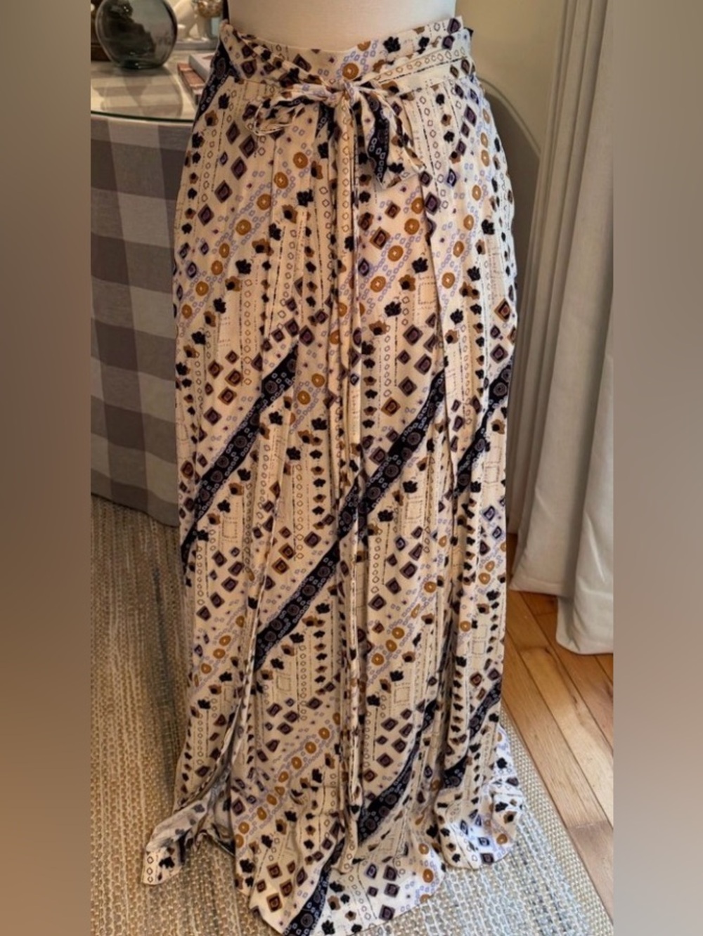 Free People Cream Maxi Skirt with Navy and Mustard Pattern
